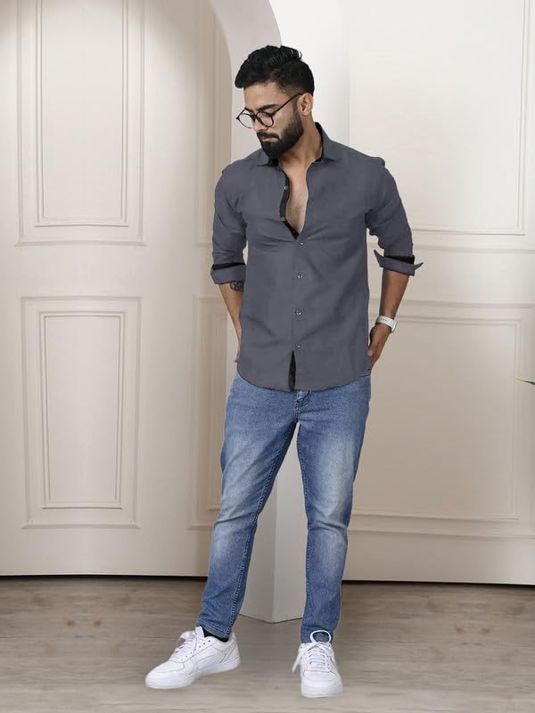 Image of Pinkmint Shirt for Men Cotton Soild Shirt & Spread Collar Long Sleeve Shirt Formal, Travelling