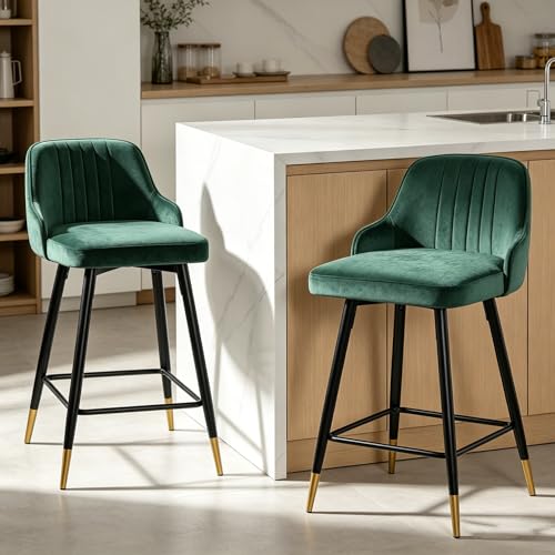 Bekrvio Lot de 2 tabourets de bar en velours pivotants à 360° - Hauteur d'assise : 65 cm - Rembourrées - Avec dossier - Pour cuisine, comptoir, bar, salle...