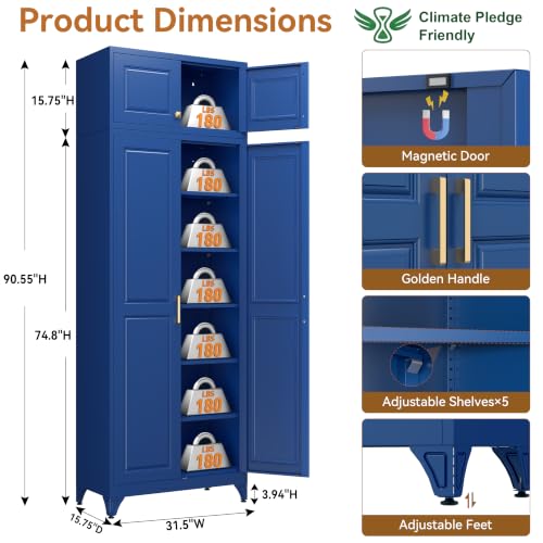 Image of Polup 90 inch Pantry Cabinet, Tall Metal Storage Cabinet with Doors and Shelves | Blue Kitchen Cabinet, 5 Adjustable Shelving, Heavy-Duty, 2 Gold Handles, 4 Standing Feet, for Dining Room Garage & Laundry