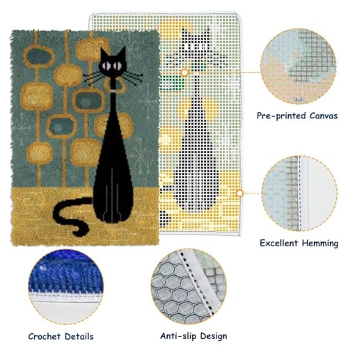 Image of GLAECYY Latch Hook Kits Rug Crochet Yarn Kit Cushion Colour Pre-Printed Canvas Rug Needlework DIY Hook and Latch Kit (Black Cat)