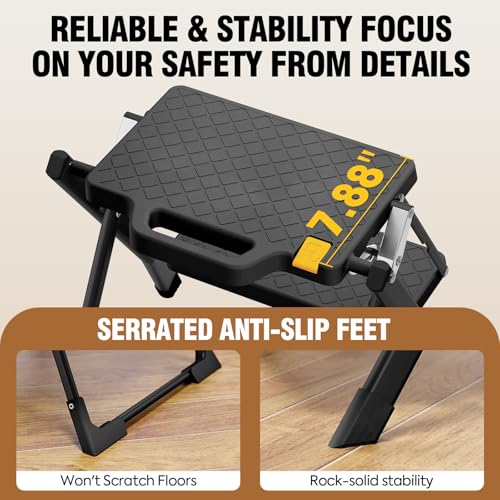 Urackify Trittleiter 2 Stufen, Tritthocker Klappbar mit Rutschfester Tritt, Entriegelungstaste, Tragegriff bis 150 kg, Mini Stahl Klappleiter, Klapptritt für Zuhause, Büro, Garten, Schwarz