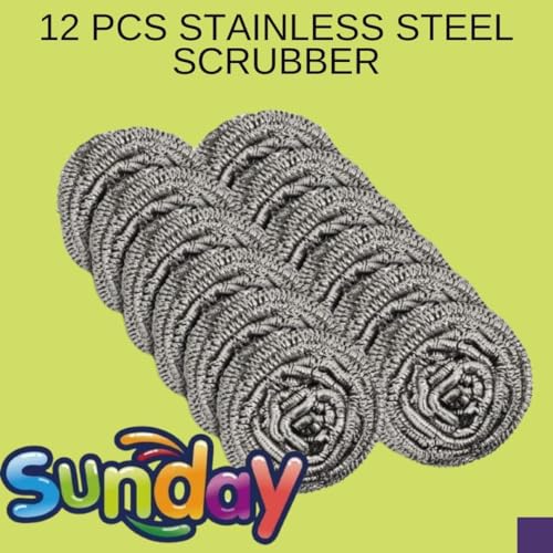 Image of Sunday Premium Juna Stainless Steel Scrubber 18g Each-Pack of 12 - Heavy Duty Dishwash Scrubber for Kitchen, Utensils, Pots, Pans and Tiles Cleaning | Easy scouring for Tough Kitchen Cleaning