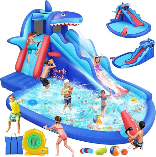 AKEYDIY Inflatable Water Slide, Shark Themed Blow Up Water Slide Park with Long Slide, Climbing Wall,Shower Head, Inflatable Water Slide for Kids Backyard 3-10,Water Bounce House with 450W Blower