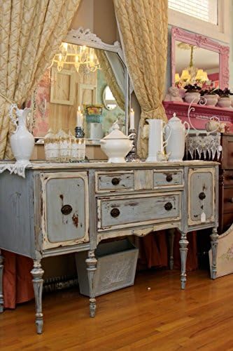 Antique Mahogany Buffet Server in Swedish Blue Distressed Beach Cottage Coastal Chic