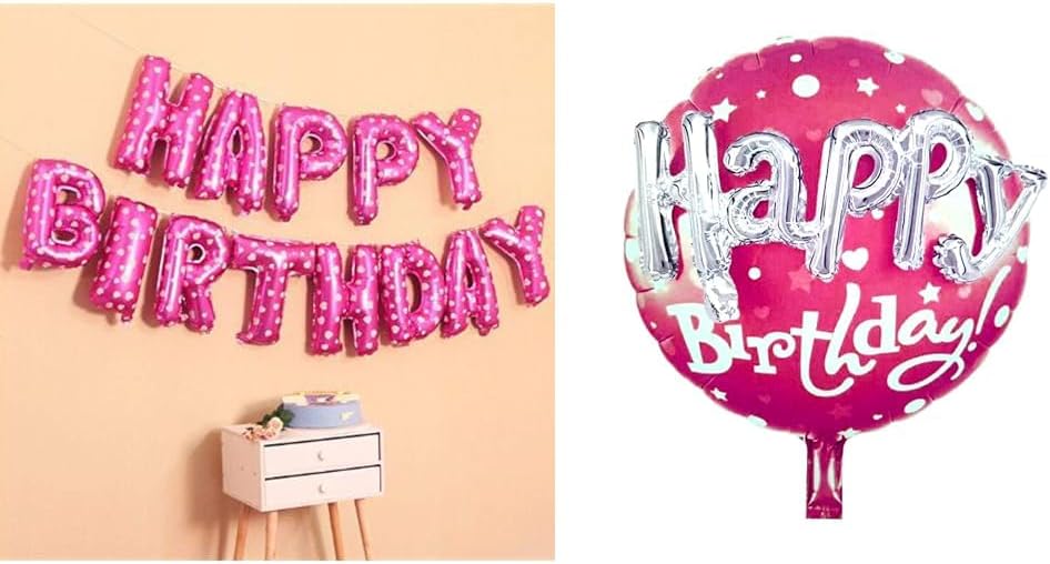AMFIN ® (16 Inch) Happy Birthday Letter Foil Balloon Birthday Party Supplies Pink & AMFIN® Happy Birthday 3D Round Foil Balloon Pink Birthday Decoration, Kids Decoration