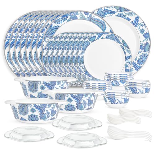 Image of Larah by Borosil 51pc Opalware New Iris Dinner Set for Family of 8 | Microwave & Dishwasher Safe Crockery Set for Dining & Gifting | Plates & Bowls