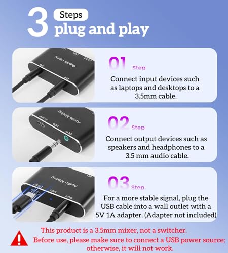 Image of 2 Channel Stereo Audio Mixer - 3.5mm Audio Mixer,Aluminum Shell - 3.5mm(1 /8in) A udio Interface Support 2 In 1 Out Mini Stereo Sound M ixer with 3.3FT Audi o Cables - For PC, Phone, Headphones, Laptop