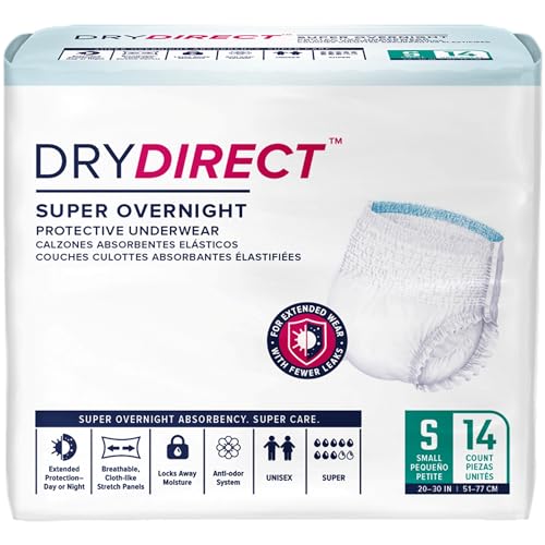 Dry Direct Super Overnight Underwear, Soft Cloth-Like Adult Diapers, Overnight Disposable Incontinence Protection - Small (Pack of 14)