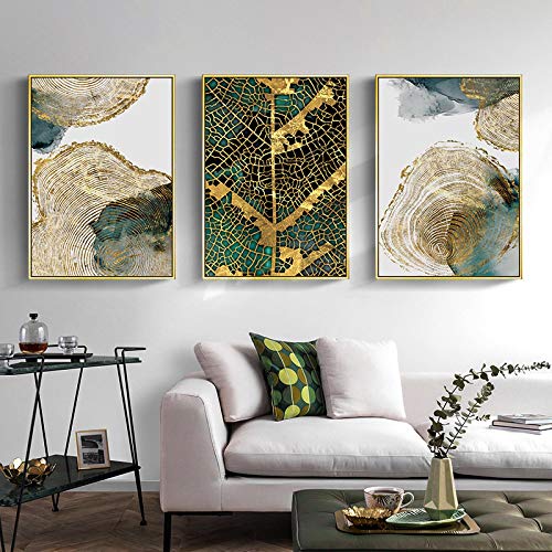 Images d'art mural pour salon moderne triptyque abstrait vert et or 60x90