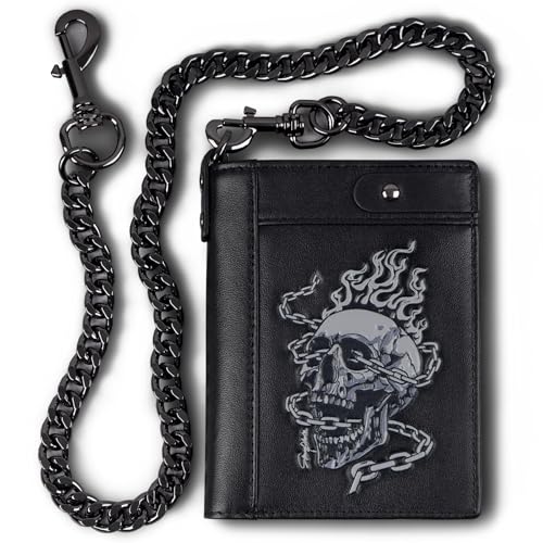 Mens Leather Wallet With Chain Skull Bifold Wallets Zipper Coin Pocket Rfid Blocking Gift For Him Husband (black)