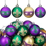 Deloky 24 PCS Mardi Gras Hanging Ball Ornaments-1.57 Inch Mardi Gras Shatterproof Ball-Purple Green Gold Tree Ornaments for Mardi Gras New Orleans Masquerade Party Decoration