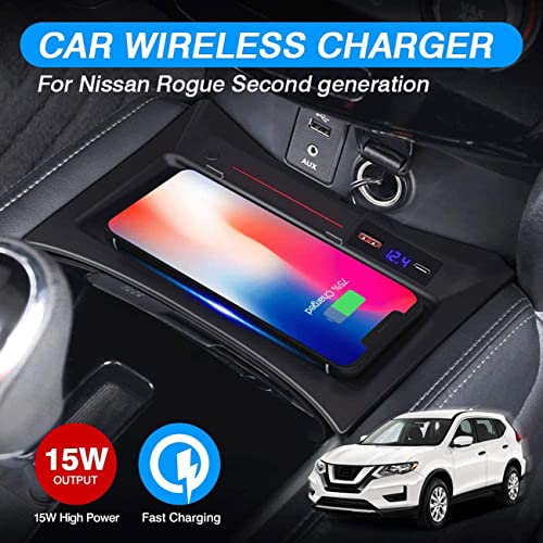 XLARSH 15W Fast Wireless Car Charger for 2014-2019 ni-ss-an Rogue Fasting Charging with 36W USB Port Wireless Qi Phone Charger Pad for All Qi Phone