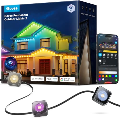 Govee Permanent Outdoor Lights 2 50ft RGBIC Outdoor Lights with 16 Million Colors IP67 Waterproof 100 Scene Modes for Outdoor & Patio Area Works with Alexa Google Assistant Black
