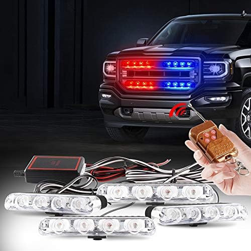 Yifengshun 4 in 1 LED Police Lights Emergency Strobe Lights For Truck Vehicle Warning Flashing Caution Light Bar Grilles DRL Police Motorcycle DC12V Wireless Remote Control(Blue)