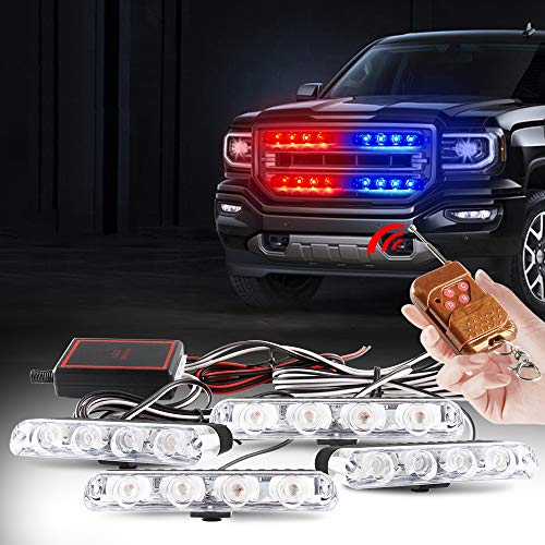 4x4LED 4 en 1 Télécommande Sans Fil DC12V Urgence Stroboscopique Avertissement Barre - Lumière Clignotante Pour Voiture Camion DRL Ambulance Police Moto(2 Lumière Rouge, 2 Lumière Bleu)