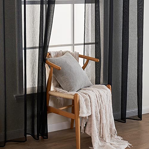 EMEMA Set of 2 Sheer Voile Curtains with Eyelets Transparent Voile Polyester Eyelet Curtain Transparent Living Room Airy Decorative Curtain for Bedroom 140 x 175 cm (W x H) Black - Image 3