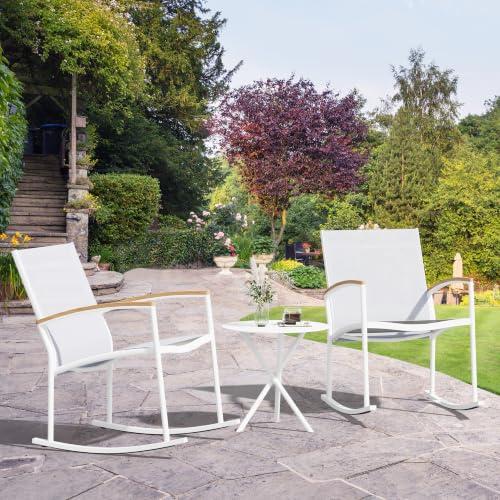 Image of Shintenchi 3 Pieces Patio Rocking Bistro Sets,Outdoor Textilene Fabric Conversation Bistro Set,Front Porch Rocker Chairs Small Patio Furniture Set with Table for Lawn,Garden,Balcony(White)