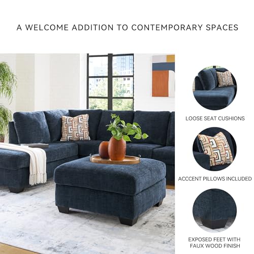 Image of Signature Design by Ashley L-Shape Navy Blue Sectional Sofa with Chaise | Plush chenille fabric for living rooms, 110-inch L-shaped layout, Sag-resistant platform foundation, Aviemore Series