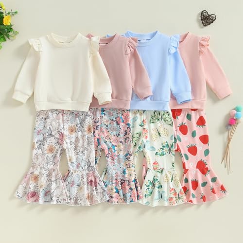 Mubineo Toddler Baby Girl Clothes Cute Outfits Long Sleeve Sweatshirt Tops Floral Bell Bottom Pant Fall Winter Outfit (Pink Flower, 3-4T)