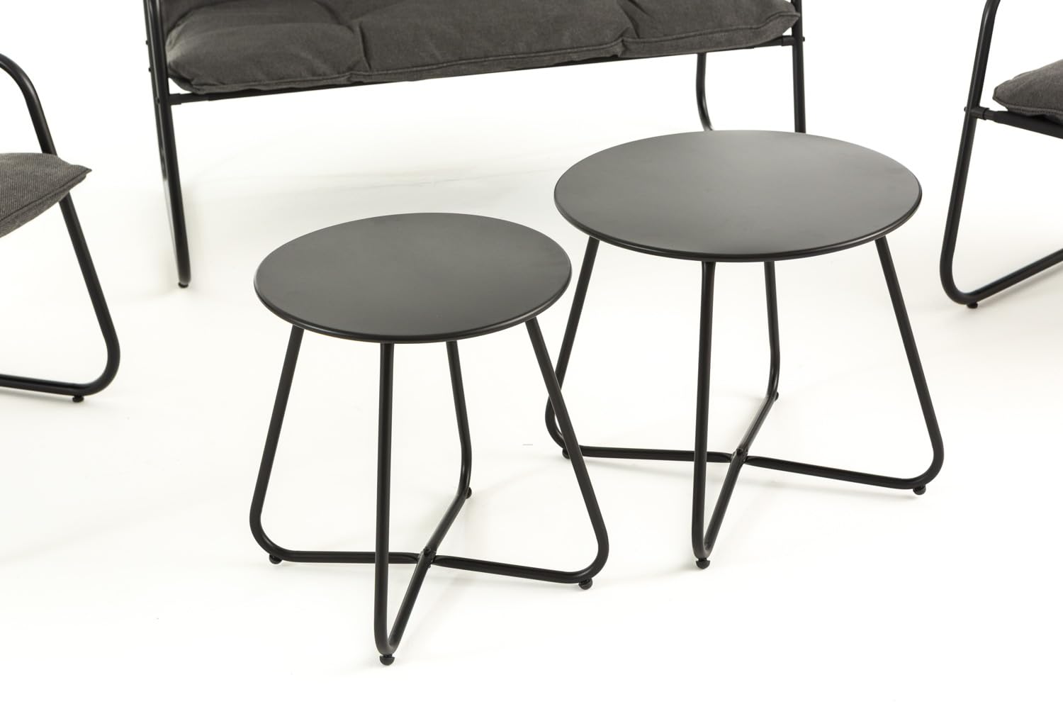 SIEDITI FUORI E DENTRO Set salotto da giardino 5 pezzi in acciaio, set di mobili da giardino con divano 2 posti, 2 poltrone, 2 tavlini e cuscini, salottino da esterno per patio balcone (Grigio Scuro)