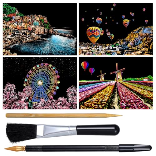 4 Stück Kratzkunst für Erwachsene Kratzbilder Set Scratch Paper Regenbogen Painting Nachtszene Landschaft Kratzpapier A4 Kratzmalerei Kassette Kratzmalwerkzeug Kreatives DIY Kunsthandwerk Kratzbild