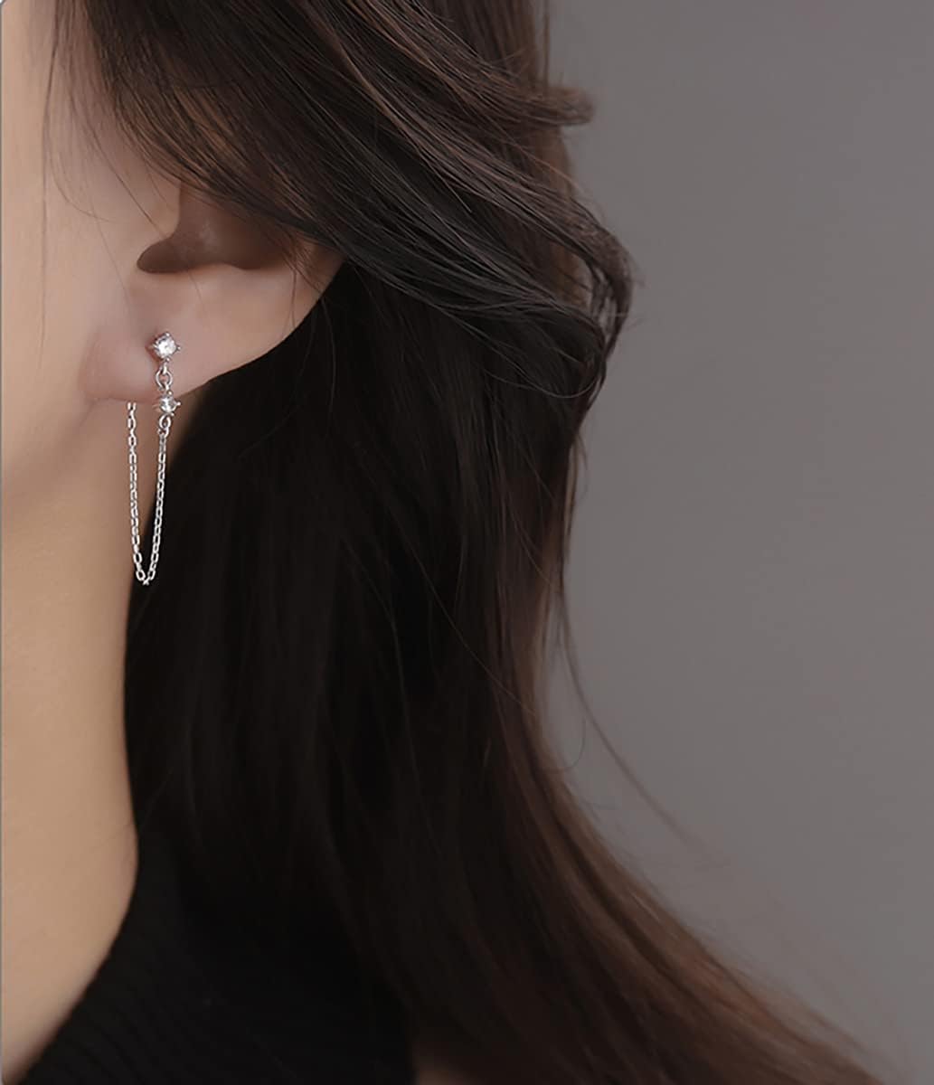 Reffeer Sterling Silver Chain Dangle Earrings for Women Teens CZ Chain Drop Earrings Studs - Image 3