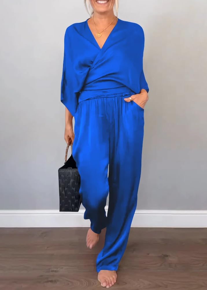 Shownicer Ensemble Femme 2 Pièces Pantalons Costume De Soirée Cocktail Bal Manches Longues Chemise Et Taille Haute Pantalons Costume En Mousseline Grande Taille Chic Et Elegant Tenue A Bleu S