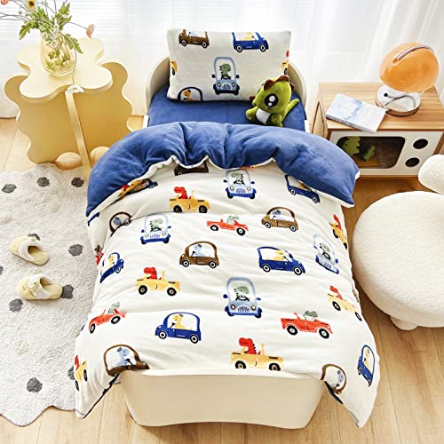 J-Pinno Dinosaur Drive Car Boys Girls Cartoon Duvet Covers, 100% Polyester Plush Velvet Thick Warm Cozy Coverlet Blanket For Kids Crib/Twin Bedding Decoration Gift 47" X 59" #TOP1