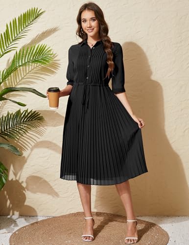 Women V Neck 3/4 Sleeve Pleated A-Line Dress with Belt Swing Midi Dresses for Spring Summer Autumn2