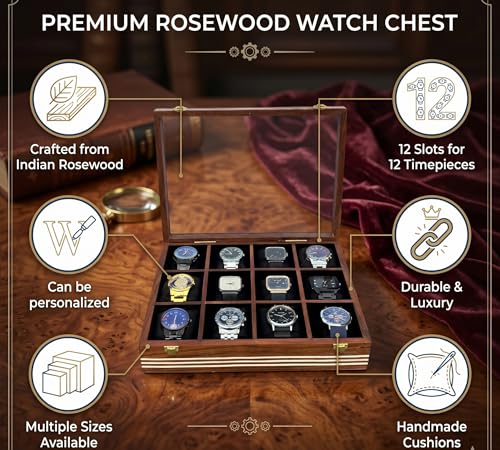 Image of Wooden Watch Box, Storage Organizer, Watch Display Case, Jewelry Holder, Gift for Men & Women - Rosewood Crafted, 3-12 Slots, Handmade Cushions (Twelve Slots)