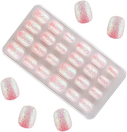 TXMOYI 24 Pieces Kids Press on Nails Pre-glue Children False Nails Stick on Short Full Cover Artificial Fake Nails Holo Glitter Acrylic Nail Tips for Little Girls Gift Nail Art Designs