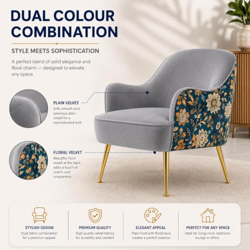 Image of Accent Chair with Pouf for Living Room | Modern Fabric Armchair with Golden Legs & Matching Footstool | Stylish Lounge Chair for Bedroom & Home(Light Grey, Big Zara Floral with Puffy)