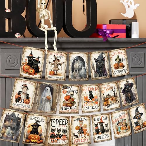 Vintage Halloween Decorations Trick or Treat Banner 18PCS Retro Black Cat Pumpkin Ghost Hanging Banner Halloween Party Decorations Bunting Flag for Witch Scary Ghost Party Supplies