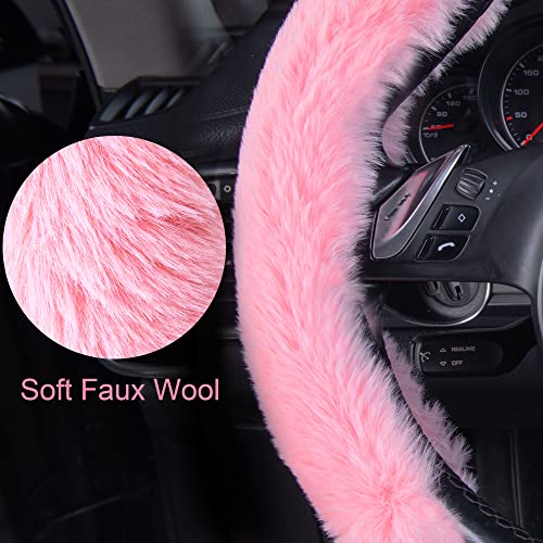 Car Pass Fluffy Steering Wheel Cover, Segmented Pink Fur Wheel Protector Non-Slip Soft Faux Wool Car Accessories, Universal Fit For Winter Warm 14.5" To 16" Steering Wheels For Women Girl, 2Pcs Pink #TOP4
