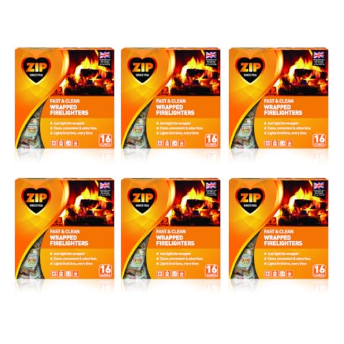 6 X Packs of 16 Zip High Performance Energy Block Wrapped Firelighters. Long Burning Powerful & Reliable for Open Fires Stoves BBQs & Tigerbox Safety Matches