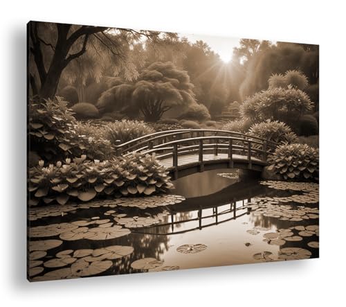 Impression sur toile sépia haut de gamme avec cadre en bois véritable et motif jardin doré