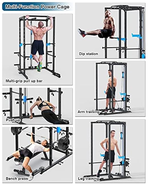 Power Cage, Multi-Functional Power Rack with J-Hooks, Dip Handles, Landmine Attachment and Optional Cable Pulley System for Home Gym