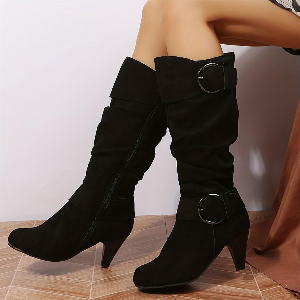 Onsoyours Stivali Alti Donna Stivaletti in Pelle Scamosciata Boots con Zip Stivali Lungo Stivaletti Eleganti Autunnali Invernali Tinta Unita con Tacco a Blocco