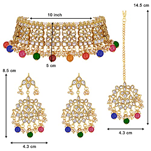 Image of Aheli Elegant Indian Faux Kundan Studded Choker Necklace with Maang Tikka Set Ethnic Wedding Wear Bharatanatyam jewellery set Gift for Women