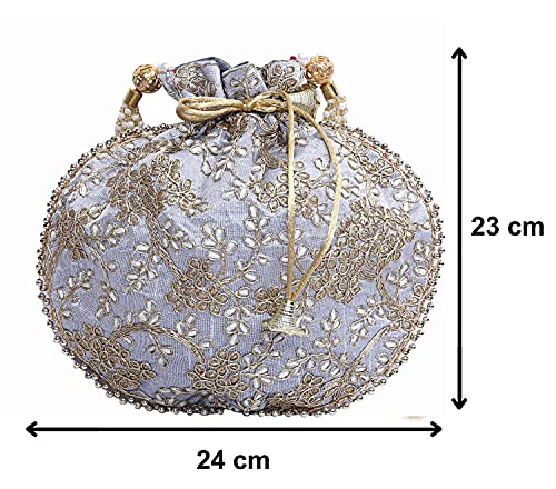 Eyesart Fashion Designer Embroidery Work BatwaPotli Bag For Women Ethnic Pearls Handle With Intricate Gold Thread & Sequin (H*L:9 * 9.5(Inch) Grey) - Image 6