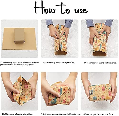 ELECDON Gift Wrapping Paper Roll 6Pack, with Matching Gift Tags and Decorative Rope, Kraft Brown Recycled Gift Wrapping Paper for Birthday, Holiday, Wedding, Party, Kids Gift Wrapping (Size 70cmX50cm)