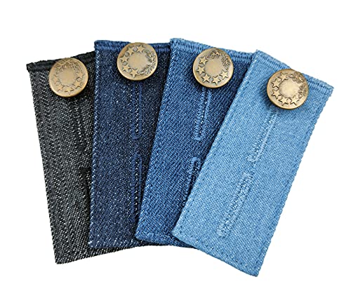 Premium Waistband Extenders for Jeans Skirt, Metal Buttons Denim Material 2 Button Holes, Adjustable Denim Button Extender for Pants, Comfy Waist Extende (4 PCS and 4 Colors)