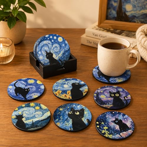 Image of Zesta Coasters for Cups Set of 6 / Wooden Coasters for Bar Accessories for Home /Tea Coaster Set of 6 / Waterproof Dining Table Decor Glass Cover (Van Cat, Circle)