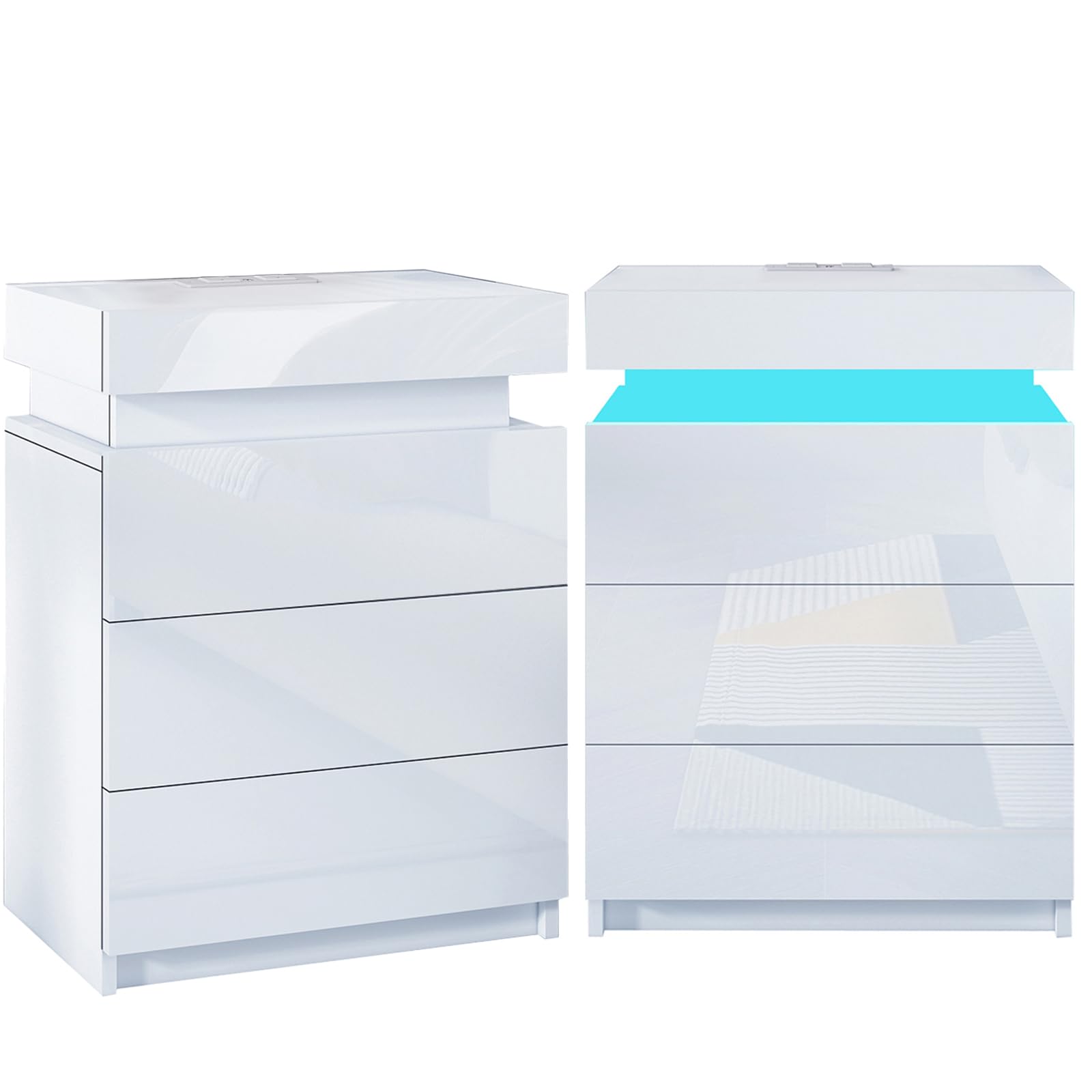 BESTWANTED Set of 2 High Gloss Bedside Table 3 Drawers Modern Bedside Cabinet Nightstand with LED Lights for Bedroom Living Room 67 x 45 x 35cm (White)