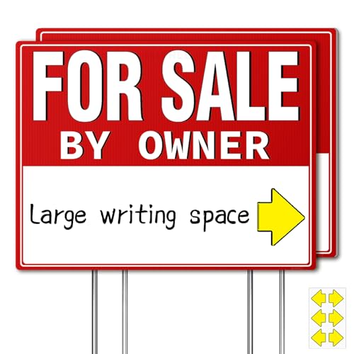 2 Pack For Sale By Owner Yard Sign with Metal Stakes 17x13 Weatherproof Double-Sided Signs - Extra Large Writing Space Arrow Stickers FSBO Signage for House & Home Real Estate