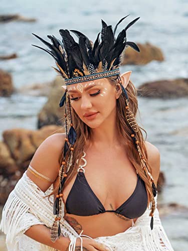 Gortin Indian Feather Headdress Headband Gypsy Native American Costume Headbands Halloween Hippie Headpiece Boho Feather Hair Accessory For Women And Men thumb #4