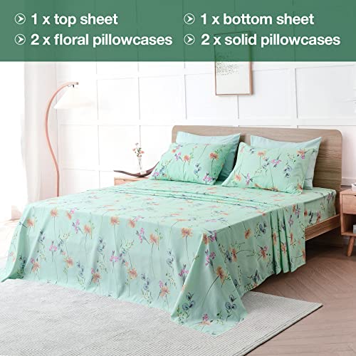 Jsd 6 Piece Green Floral Sheet Set Queen Size, Soft Botanical Printed Microfiber Sheets With 4 Pillowcases Deep Pocket #TOP1