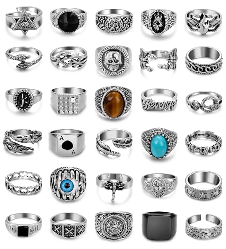 30Pcs Punk Ring for Men Women Cool Vintage Ring Silver Gothic Hippie Knuckle Ring Pack Adjustable Stackable Chunky Snake Skull Eye Ring