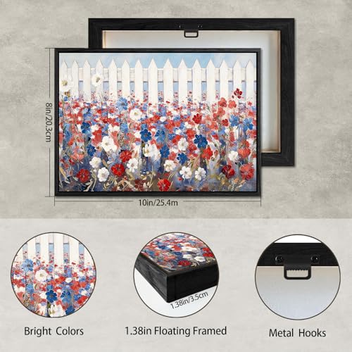 Image of Wildflower Field Framed Canvas Wall Art, 4th of July Red White Blue Canvas Prints, Vintage Rustic Landscape Patriotic Decorations, Independence Day Wall Decor for Bedroom Living Room Office 8x10