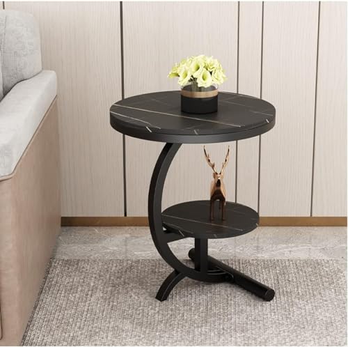Image of NEST NATURE HAVEN Wood And Metal 2 Tier Round Coffee Table Nightstand Bedside Telephone Table with Storage, End Sofa Side Corner Table for Living Room Bedroom Small Spaces (Black)